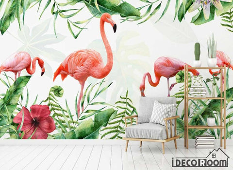 Image of Nordic minimalist flamingo tropical leaves wallpaper wall murals IDCWP-HL-000275