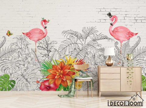Image of Scandinavian Flamingo Turtle Leaf Plant wallpaper wall murals IDCWP-HL-000279