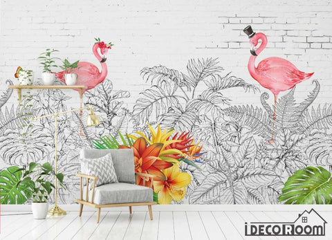 Image of Scandinavian Flamingo Turtle Leaf Plant wallpaper wall murals IDCWP-HL-000279