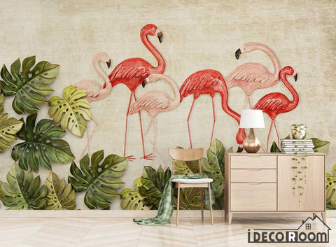 Image of Scandinavian Vintage 3D Flamingo Turtle Leaf wallpaper wall murals IDCWP-HL-000280