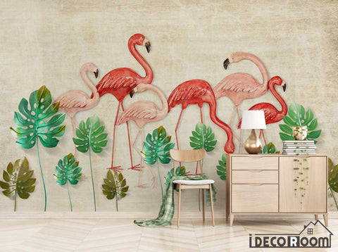 Image of Scandinavian Vintage 3D Flamingo Turtle Leaf wallpaper wall murals IDCWP-HL-000281