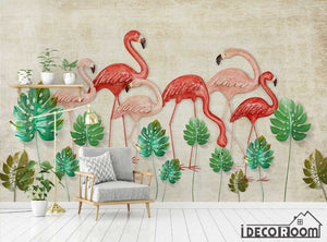 Scandinavian Vintage 3D Flamingo Turtle Leaf wallpaper wall murals IDCWP-HL-000281