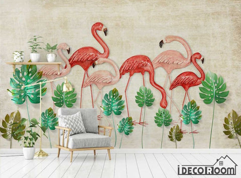 Image of Scandinavian Vintage 3D Flamingo Turtle Leaf wallpaper wall murals IDCWP-HL-000281