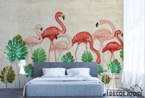 Image of Scandinavian Vintage 3D Flamingo Turtle Leaf wallpaper wall murals IDCWP-HL-000281