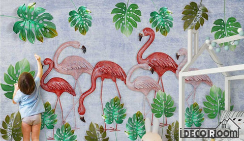 Image of Scandinavian Vintage 3D Flamingo Turtle Leaf wallpaper wall murals IDCWP-HL-000283