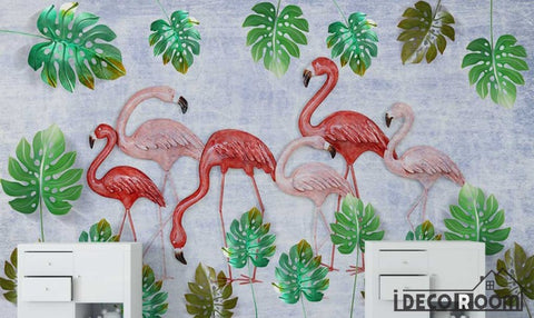 Image of Scandinavian Vintage 3D Flamingo Turtle Leaf wallpaper wall murals IDCWP-HL-000283