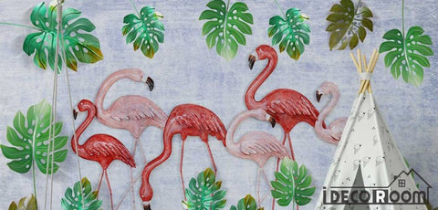 Image of Scandinavian Vintage 3D Flamingo Turtle Leaf wallpaper wall murals IDCWP-HL-000283