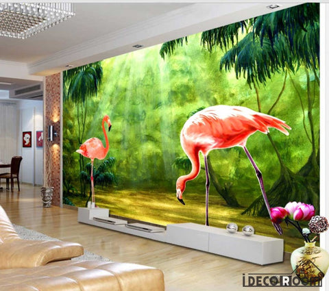 Image of tropical rainforest flamingo wallpaper wall murals IDCWP-HL-000285