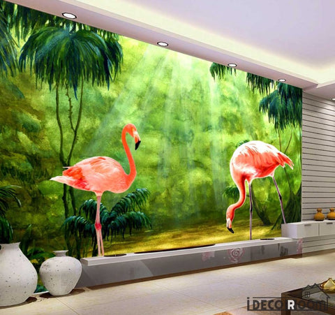 Image of tropical rainforest flamingo wallpaper wall murals IDCWP-HL-000285