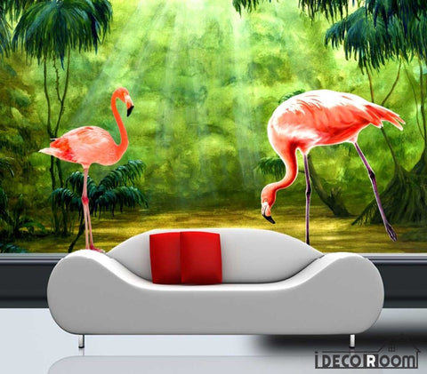 Image of tropical rainforest flamingo wallpaper wall murals IDCWP-HL-000285