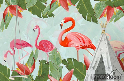 Image of Tropical plant parrot flamingo wallpaper wall murals IDCWP-HL-000289