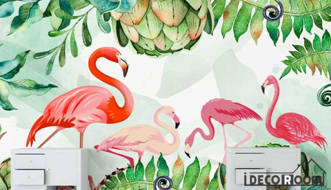 Image of Scandinavian flamingo turtle leaves wallpaper wall murals IDCWP-HL-000290
