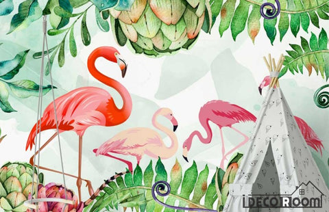 Image of Scandinavian flamingo turtle leaves wallpaper wall murals IDCWP-HL-000290