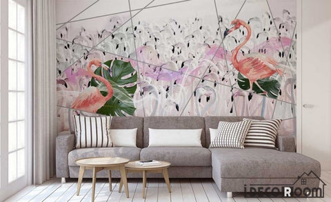 Image of Geometric Watercolor Flamingo Turtle Leaf wallpaper wall murals IDCWP-HL-000291
