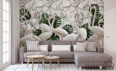 Image of Vintage 3D Rose Flamingo Turtle Leaf wallpaper wall murals IDCWP-HL-000292