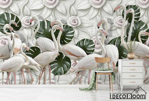 Image of Vintage 3D Rose Flamingo Turtle Leaf wallpaper wall murals IDCWP-HL-000292