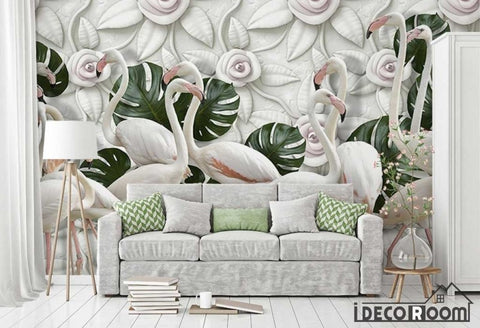 Image of Vintage 3D Rose Flamingo Turtle Leaf wallpaper wall murals IDCWP-HL-000292