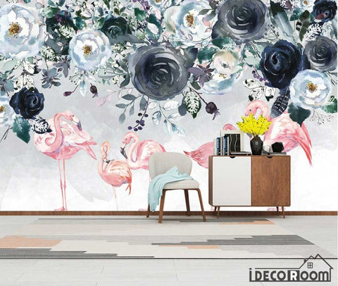 Image of Nordic minimalist flamingo rose floral wallpaper wall murals IDCWP-HL-000295