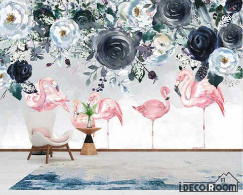 Image of Nordic minimalist flamingo rose floral wallpaper wall murals IDCWP-HL-000295