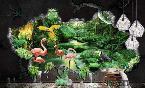 Image of seaside tropical plants flamingo landscape wallpaper wall murals IDCWP-HL-000296