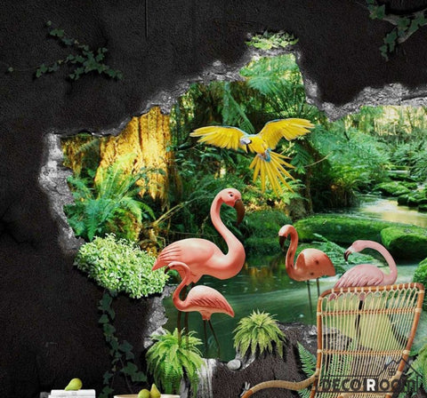 Image of seaside tropical plants flamingo landscape wallpaper wall murals IDCWP-HL-000296