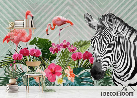 Image of Modern minimalist flamingo zebra tropical plant wallpaper wall murals IDCWP-HL-000297