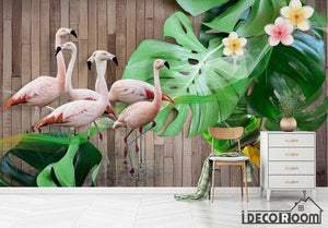 Vintage 3D Wood Flamingo Turtle Leaf wallpaper wall murals IDCWP-HL-000303