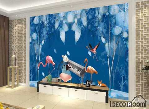 Image of Nordic Clean Cartoon Flamingo Turtle Leaf wallpaper wall murals IDCWP-HL-000306