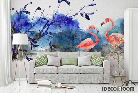 Image of Scandinavian Vintage Flamingo Landscape Painting wallpaper wall murals IDCWP-HL-000307