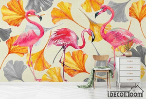 Scandinavian retro flamingo ginkgo leaves  wallpaper wall murals IDCWP-HL-000308