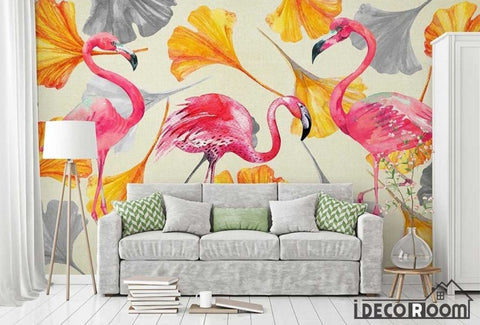 Image of Scandinavian retro flamingo ginkgo leaves wallpaper wall murals IDCWP-HL-000308