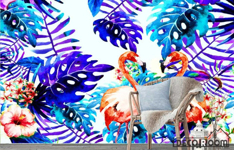 Image of Nordic flamingo flower plant water freehwallpaper wall murals IDCWP-HL-000310