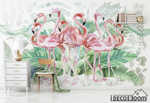 Vintage Watercolor Flamingo Turtle Leaf wallpaper wall murals IDCWP-HL-000311
