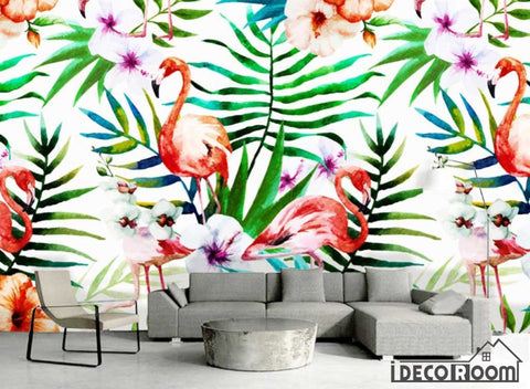 Image of Nordic flamingo animal plant floral wallpaper wall murals IDCWP-HL-000315