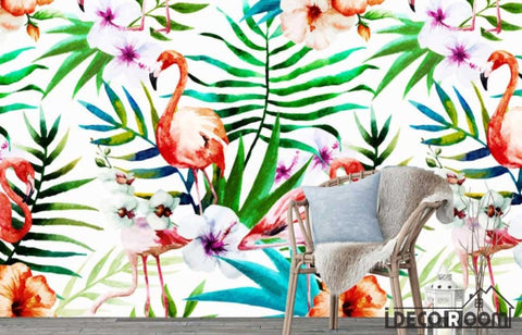Image of Nordic  flamingo animal plant floral wallpaper wall murals IDCWP-HL-000315
