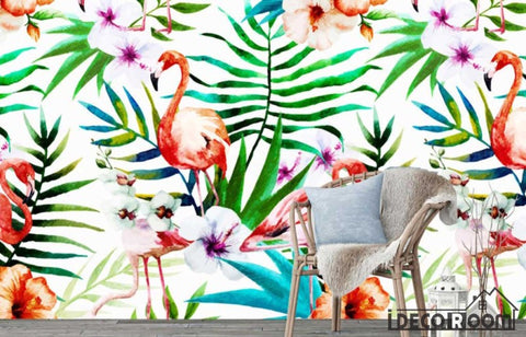 Image of Nordic flamingo animal plant floral wallpaper wall murals IDCWP-HL-000315