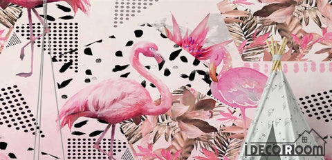 Image of geometric tropical plant flamingo sofa wallpaper wall murals IDCWP-HL-000331