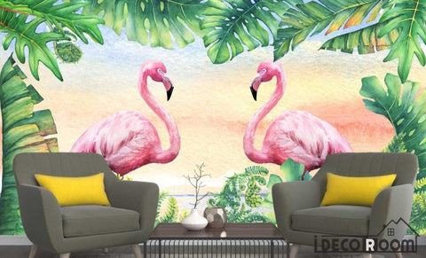 Image of Nordic flamingo greenery wallpaper wall murals IDCWP-HL-000333