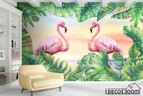 Image of Nordic flamingo greenery wallpaper wall murals IDCWP-HL-000333