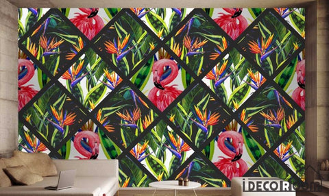 Image of Nordic checkered green leaf flamingo wallpaper wall murals IDCWP-HL-000335