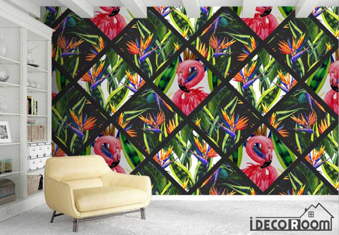 Image of Nordic checkered green leaf flamingo wallpaper wall murals IDCWP-HL-000335