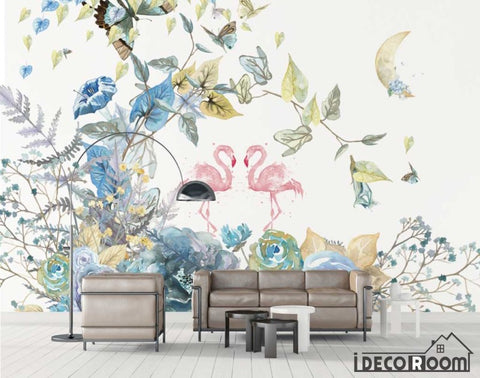Image of Nordic floral flamingo wallpaper wall murals IDCWP-HL-000338