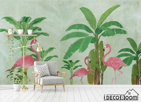 Image of Nordic tropical plant plantain tree flamingo wallpaper wall murals IDCWP-HL-000340