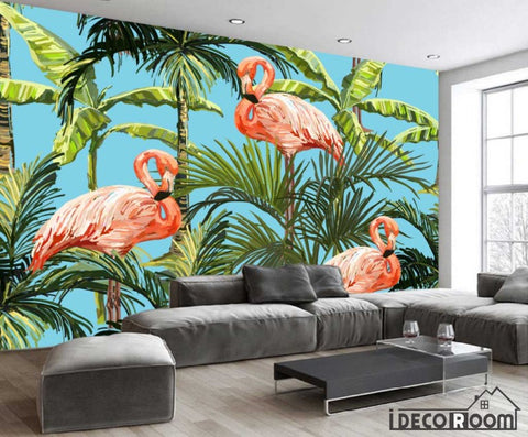Image of retro rainforest banana leaf flamingo wallpaper wall murals IDCWP-HL-000349