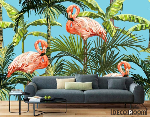 Image of retro rainforest banana leaf flamingo wallpaper wall murals IDCWP-HL-000349