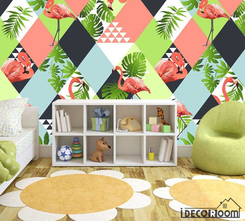 Image of Nordic geometric flamingo leaves wallpaper wall murals IDCWP-HL-000377