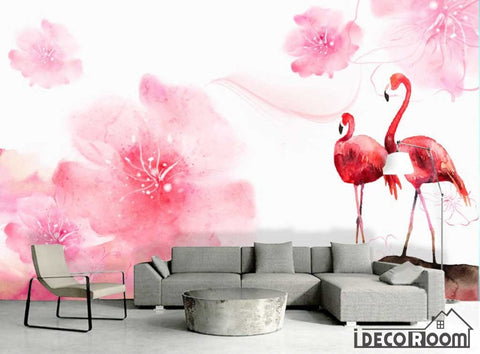 Image of Nordic flamingo plants animals floral wallpaper wall muralss IDCWP-HL-000379