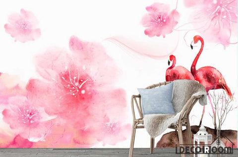 Image of Nordic flamingo plants animals floral wallpaper wall muralss IDCWP-HL-000379