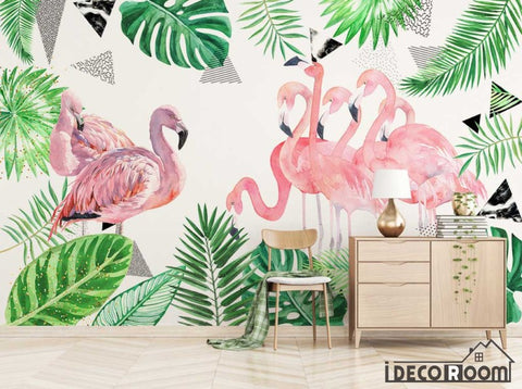 Image of Nordic green leaf flamingo abstract wallpaper wall murals IDCWP-HL-000396