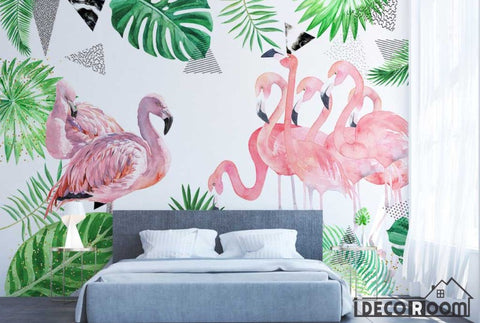 Image of Nordic green leaf flamingo abstract wallpaper wall murals IDCWP-HL-000396
